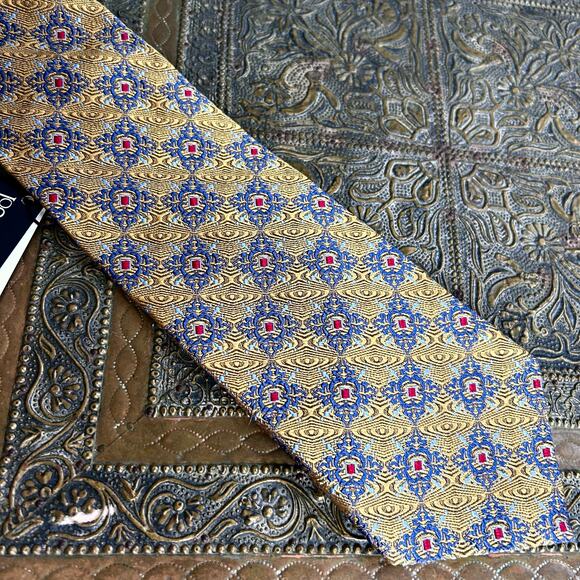 Jos A Bank tie metallic gold NWT diamond pattern silk luxury Signature - Picture 7 of 9